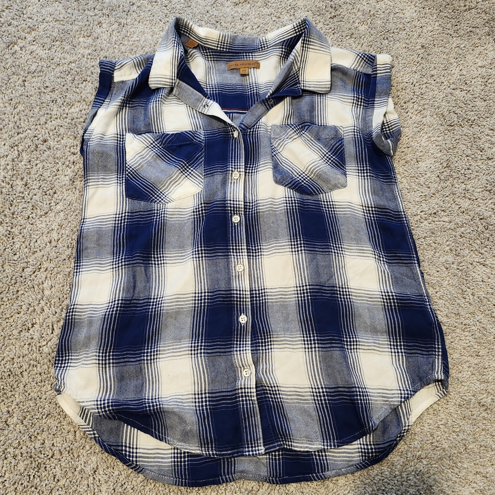Plaid T Shirt Cowgirl Navy and Cream Sleeveless Shirt Small Country Western